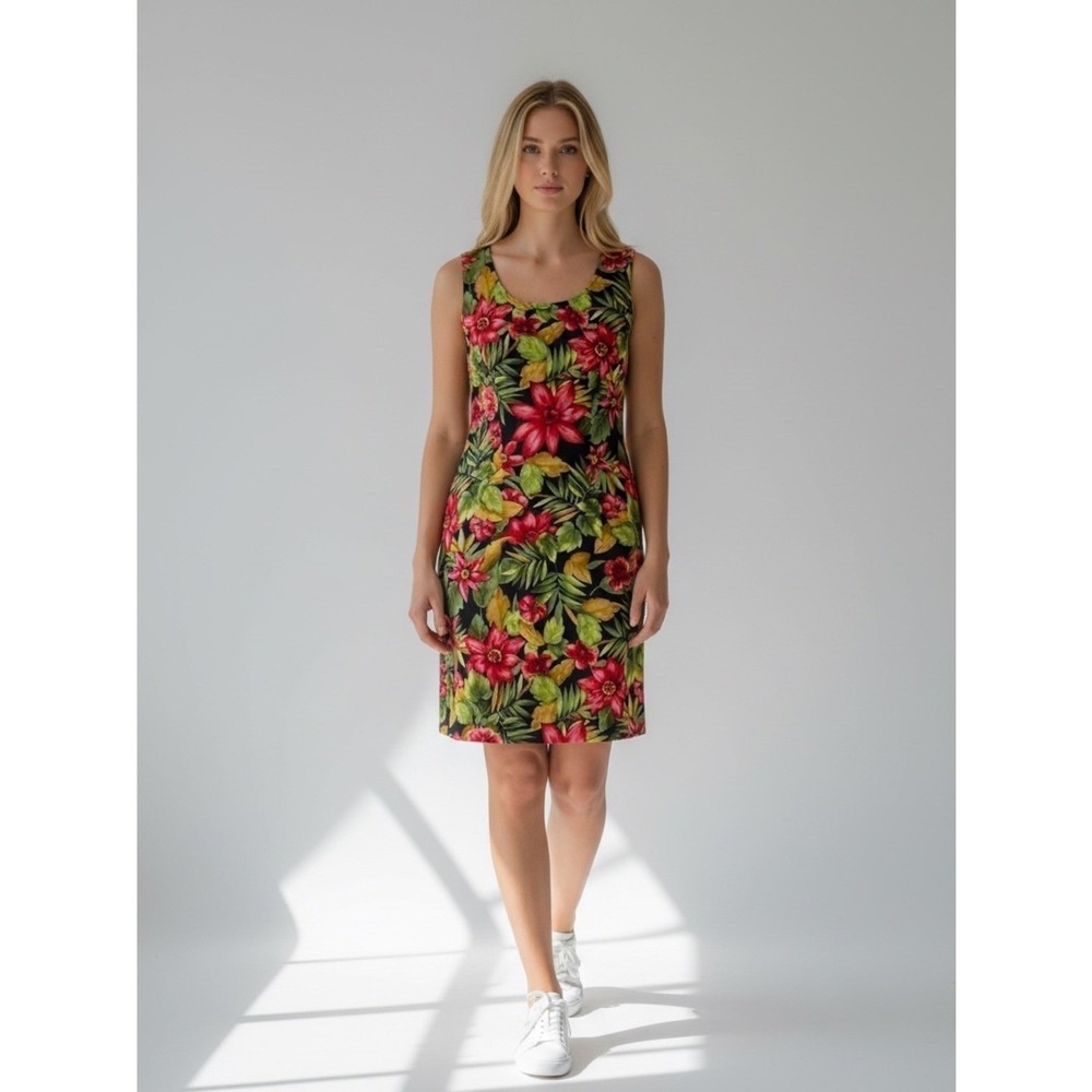 Kathie Lee Vintage Tropical Floral Sheath Dress Womens 6 Green Red Summer Boho